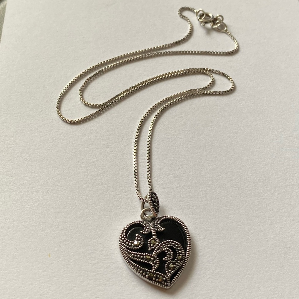 Sterling Silver 925  Marcasite & Onyx Heart Pendant Necklace